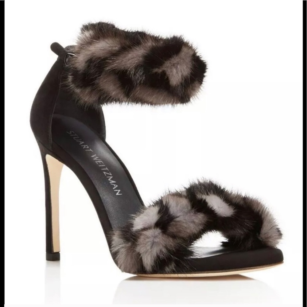 Stuart Weitzman Black and Gray Fur Heels